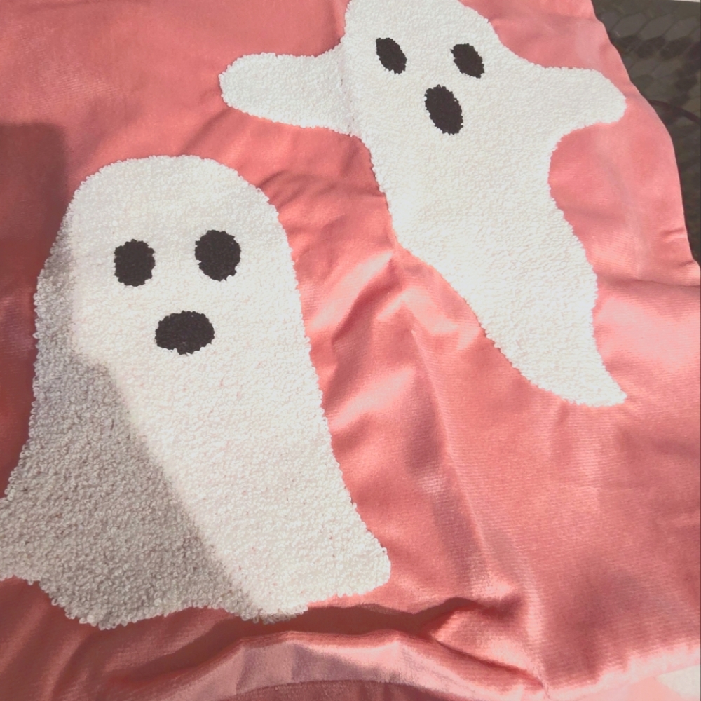 Pink velvet throw pillow cover with embroidered ghost